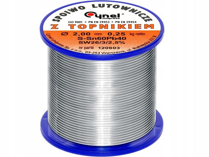 Cyna do lutowania z topnikiem, 250g, FI 2,0mm