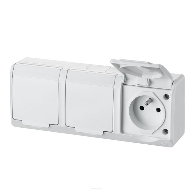 Gniazdo hermetyczne potrójne IP44 z klapką białą, 0323-02 HERMES