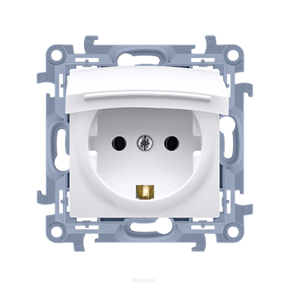 Gniazdo wtyczkowe pojedyncze IP44 z uziemieniem typu Schuko z uszczelką, klapka w kolorze pokrywy Simon 10, CGSZ1B.01/11 biały